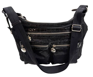 BRIGHTON CROSSBODY SHOULDER BAG HANDBAG BLACK NYLON FAUX CROC TRIM F028054 - Picture 1 of 10