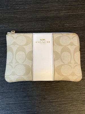 Coach Signature Canvas Beige Wristlet Pouch with White Leather Stripe Zip Bag - Image 1 of 4