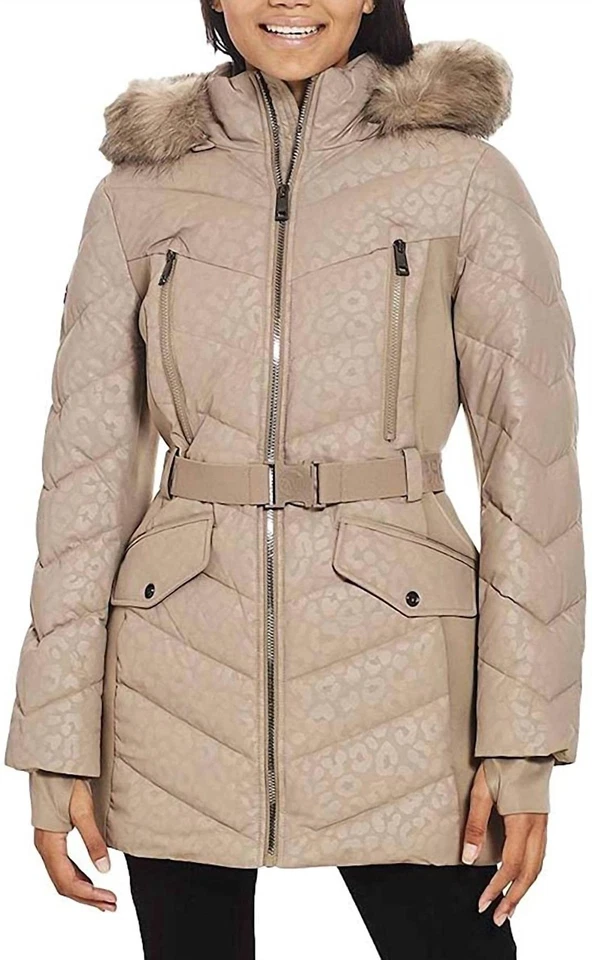 Michael Kors Logo Leopard Belted Hood Puffer Coat Taupe - Image 1 of 1