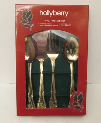 Holly Berry Hostess Set 4 Piece Gold over Stainless Vintage Japan NEW  - Image 1 of 4