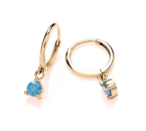 9ct Yellow Gold Aquamarine Hinged Sleeper Drop Hoop Earrings - March Birthstone - Picture 1 of 7