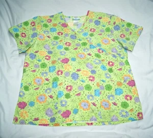 sb scrubs scrub top womens large floral green 2 pocket & pen holder waist tie - Picture 1 of 10