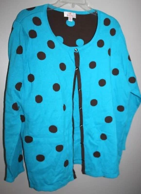 QUACKER FACTORY WOMEN'S BLUE BROWN POLKA DOT CARDIGAN / TANK SWEATER SZ 1X - Image 1 of 2