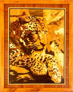 Leopardo Safari África Madera Mosaico Retrato Eco Incrustación Panel Enmarcado Colgante de Pared - Imagen 1 de 13