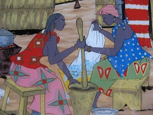 Pintura al revés sobre vidrio Senegal Sous Verre de la década de 1990 9x13" -Escena del pueblo- JULES - Imagen 1 de 13