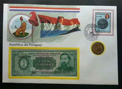 Paraguay 1985 Flag Lion FDC (banknote coin cover) *rare * 3 in 1 *see scan - Image 1 of 4