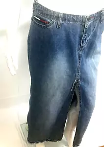 Vintage Tommy Jeans Women Skirt Maxi 7 Denim Frayed Hem Pockets Split Front Zip - Picture 1 of 12