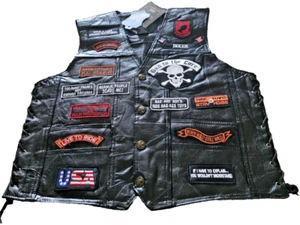 Diamond Plate Buffalo Leather Black Biker Vest Size L Embroidered Patches New - Picture 1 of 12