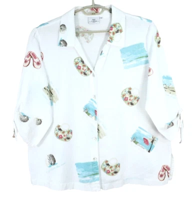 HOT COTTON Womens Linen Cotton Blouse Cinched 3/4 Sleeve Beach Multicolor Size L - Image 1 of 4