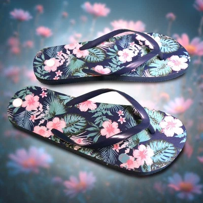 MARKENLOS Damen Badelatschen Gr.39 Zehentreter Sommerschuhe Sandalen Badeschuh Blumen blau