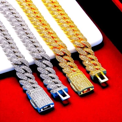 Pulsera de eslabones cubanos de circonita cúbica helada de acero inoxidable chapado en oro de 10 mm joyería de hip hop Foto 1 de 2