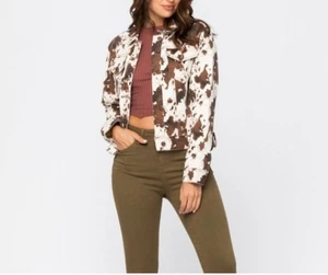 Judy Blue Cow Print Jean Jacket Women's Medium Brown White Western Boho NWT - Picture 1 of 10