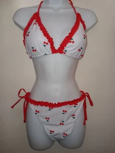 Women's Cherry Print Bikini Set White And Red XL Ruffled Trim - Picture 1 of 4