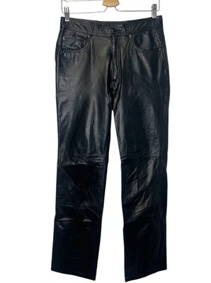 复古 Philippe Monet 女式黑色皮革机车裤 30 x 31 直筒裤 — 第 1/4 张图片