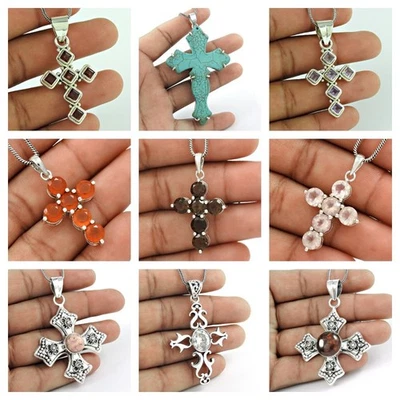 Croce Ciondoli Naturale Gemma Massiccio 925 Argento Sterling Regalo di Natale - Immagine 1 di 4