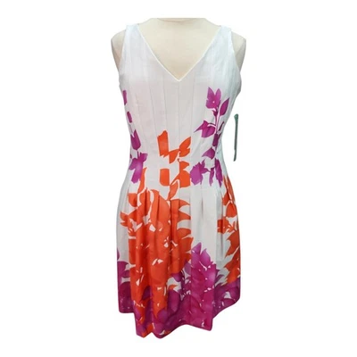NWT Jones Wear Dress Floral 16 Cotton Sleeveless Fit Flair Pink Orange Pockets - Image 1 of 4