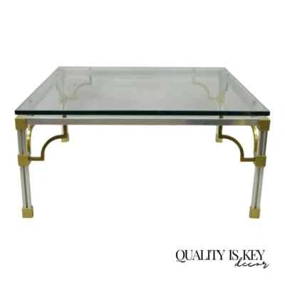 Maison Jansen Style Brushed Aluminum Brass Greek Key Fretwork Glass Coffee Table - Image 1 of 4