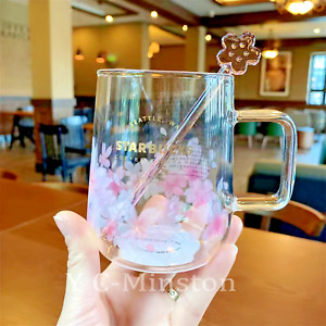 New Starbucks Pink Sakura Color-changing Glass Coffee Mug Cup with Flower Stick 