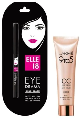 Elle 18 Eye Drama Kajal Bold Black 0.35g & Lakme Face Cream 9g Bundle Set - image 1 of 4