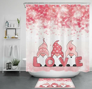 Cute Gnome Shower Curtain Valentine's Day Romantic Love Pink Hearts Bathroom Set - Picture 1 of 18