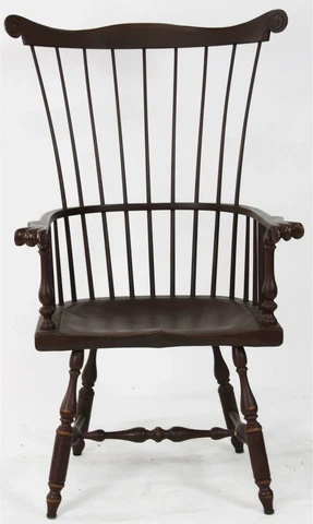 FANBACK Windsor Arm Chair Carved Knuckles Carved Mouse Ears Brown Crackle Finish Cover