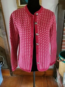 Vintage LL Bean Women’s Cotton Wool Cardigan Sweater Red And White Birdseye Sz S - Picture 1 of 10