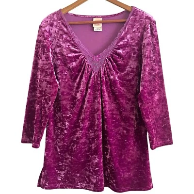 Y2K Crushed Velvet Tunic Top L Pink Lace Fairy Grunge Whimsigoth Festival  - Image 1 of 4