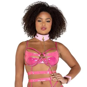 Pink Faux Leather Collar Detachable Chain Leash Adjustable Buckle Closure LI374 - Picture 1 of 3