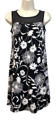Vince Camuto Jersey Sleeveless A-Line Dress Size Petite XS Floral Black White  - Image 1 of 4