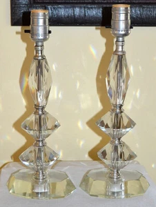 VINTAGE PAIR OF CRYSTAL ART DECO 13 1/2" ELECTRIC TABLE VANITY LAMPS, NO SHADES - Picture 1 of 9