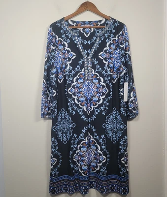 Nuevo con etiquetas Vestido Suave Surroundings XL Jersey Elástico Kauri Estampado Con Cuentas Azul Negro Foto 1 de 4