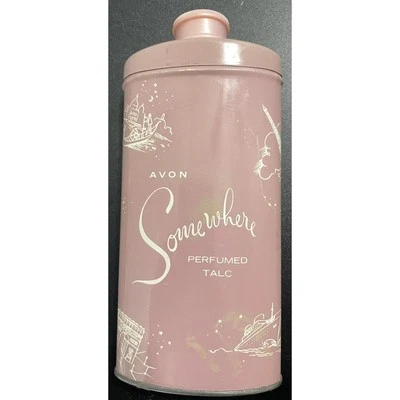 Vintage AVON Somewhere Perfumed Talc - Pink & White Tin - 2.75 oz - 95% Full - Image 1 of 4