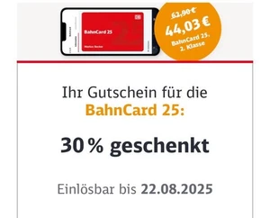 BahnCard 25 Deutsche Bahn 30% Rabatt Gutschein - Bild 1 von 1