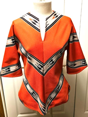 De colección~Leslie Fay~Naranja~Impresión Azteca~Mod Top Camisa Mujer Hippie Disco70s~Talla 10 Foto 1 de 4