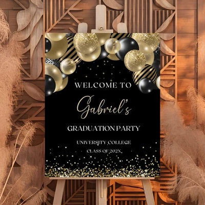 Cartel de espuma personalizado de globos negros y dorados fiesta de graduación bienvenida Foto 1 de 4