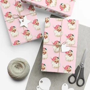 Pink Santa Wrapping Paper Retro Christmas Vintage Holiday Gift Wrap Cute - Picture 1 of 25