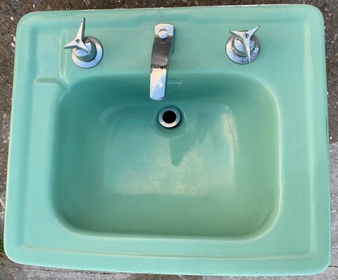 1951 Vintage American Standard Ming Green Sink w/ Vintage Kohler Faucet Cover