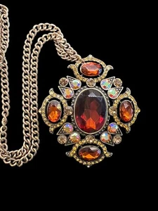 Vintage Amber Brown AB Rhinestone Maltese Cross Style Brooch Pendant Necklace - Picture 1 of 3