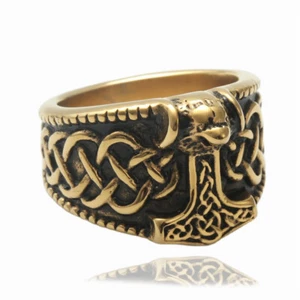 Men Biker Vintage Stainless Steel Norse Thor's Hammer Mjolnir Viking Band Ring - Picture 1 of 8