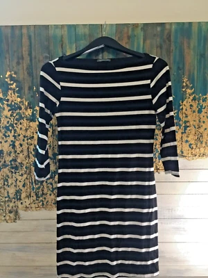 SOPRANO Dress BLACK WHITE COTTON Stretch knee HIGH 3/4 SLEEVE S - Image 1 of 4