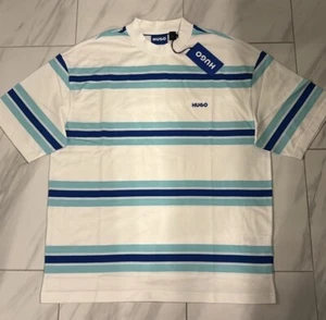 Hugo Boss Striped Loose Fit T-Shirt White Blue New - Picture 1 of 4