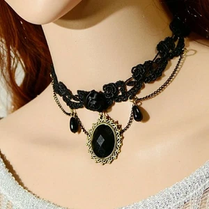 Halsband Schwarz Rose Spitze Edelstein Halsband Anhänger Halskette für Damen Damen Mädchen - Bild 1 von 6