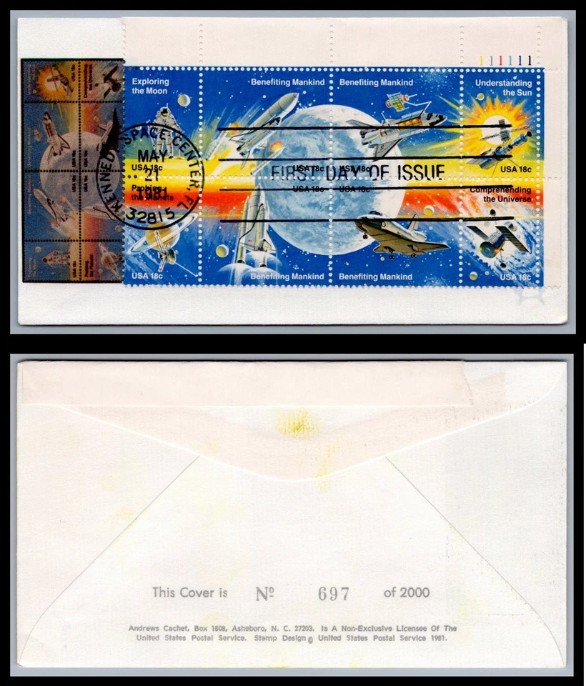 US FDC # 1912-1919 18c Space Achievement  Andrews Plate Block UR 1981, 9Q956 - Image 1 of 1