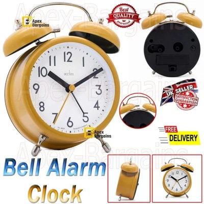Acctim Analogue Double Bell Alarm Round Clock Non Ticking Sweep Retro Metal New - Image 1 of 4