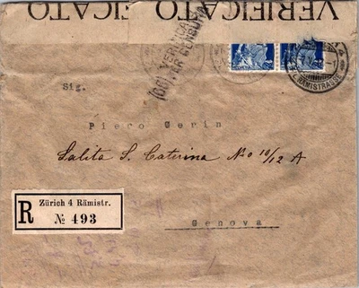 SWITZERLAND 1917 WWI POSTAL MILITARY CENSORED REG COVER TO ITALY CANC ZURICH - Image 1 of 2