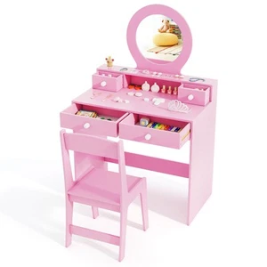 Kids Vanity Set Desk and Chair Set w/ Mirror Open Shelf and 4 Storage Drawers - Picture 1 of 8