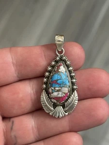 STERLING SILVER NATIVE AMERICAN SW COTTON CANDY TURQUOISE TEAR DROP PENDANT .925 - Picture 1 of 9