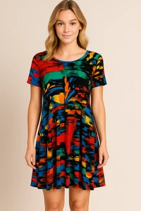 Jess & Jane Aspen Swing Dress Size Medium Abstract Colorful Red Blue Artsy Flowy - Picture 1 of 9