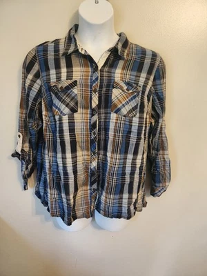 Dressbarn Woman Blue Brown Plaid Button Up Western Look Shirt Top 2X - Image 1 of 4