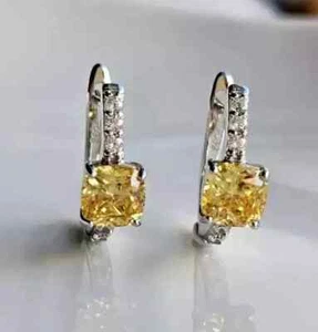 2Ct Cushion Cut Lab Created Citrine Huggie Hoop earrings 14K White Gold Plated - Picture 1 of 7